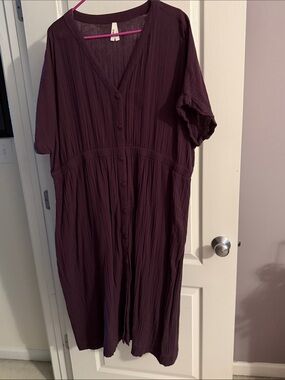 Pact V-Neck Button-Front Midi Dress in Plum - 3X